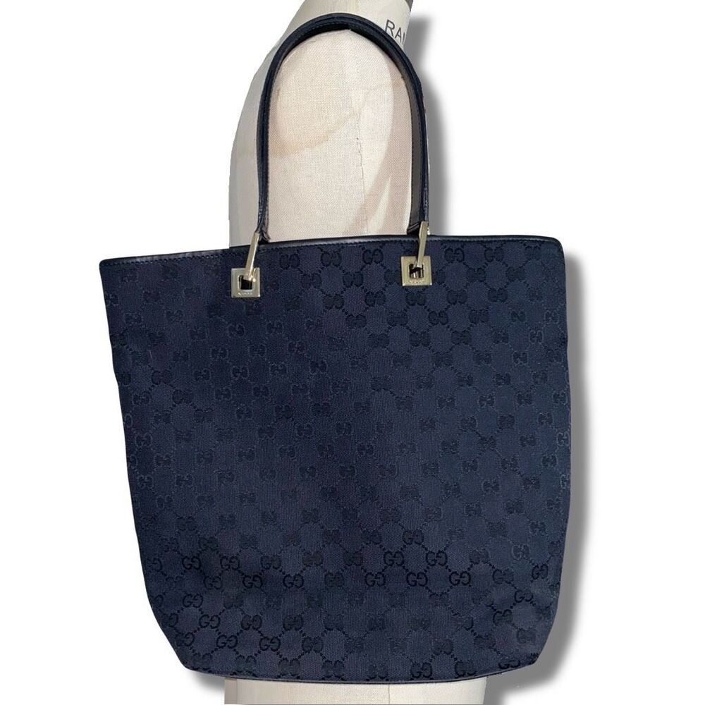 Gucci Tote Bag GG Monogram Pattern Black Canvas Logo Purse Handbag Vintage 00s